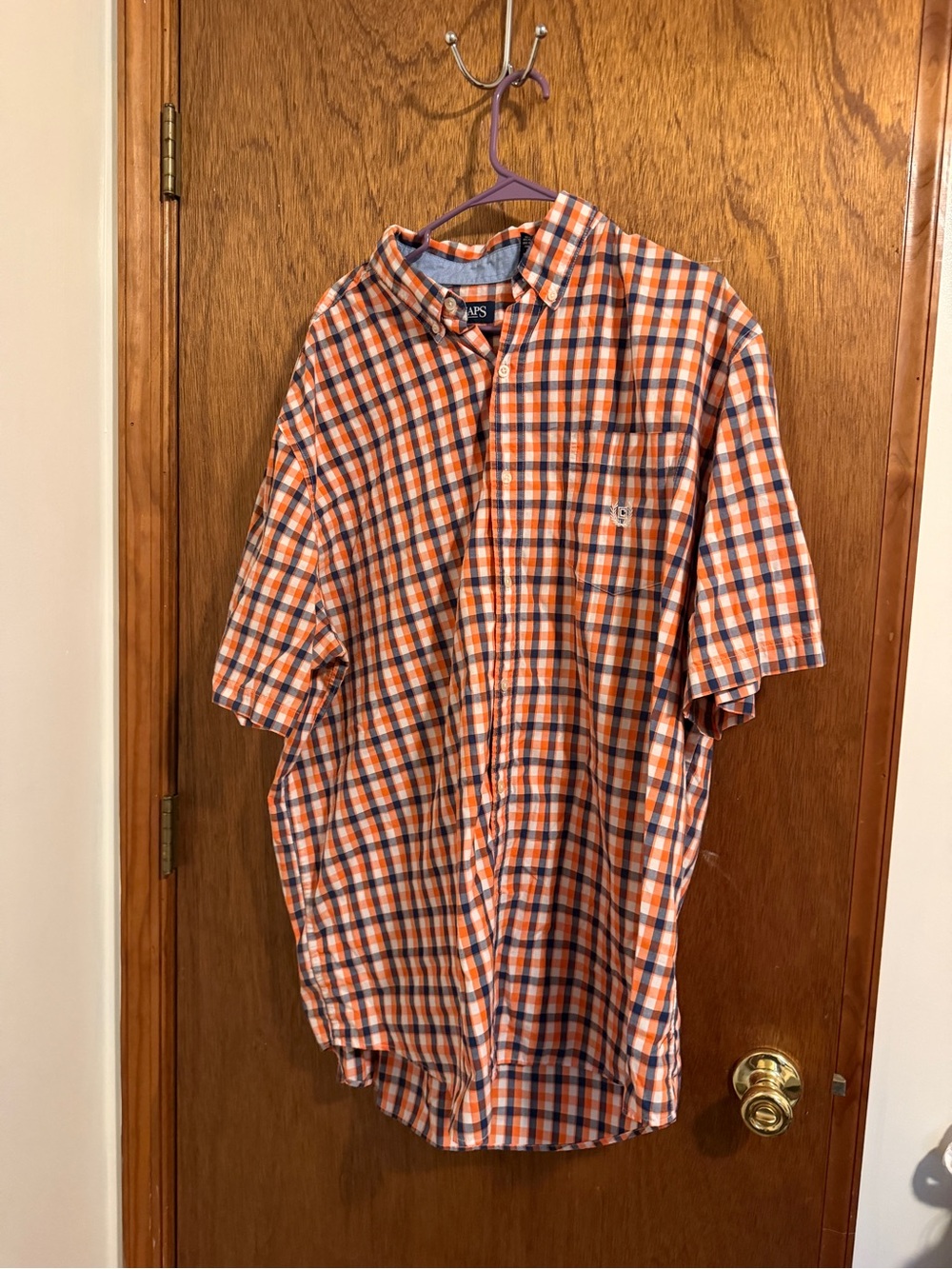 Chaps Orange, Blue and White Plaid Short Sleeve Button-Down Shirt